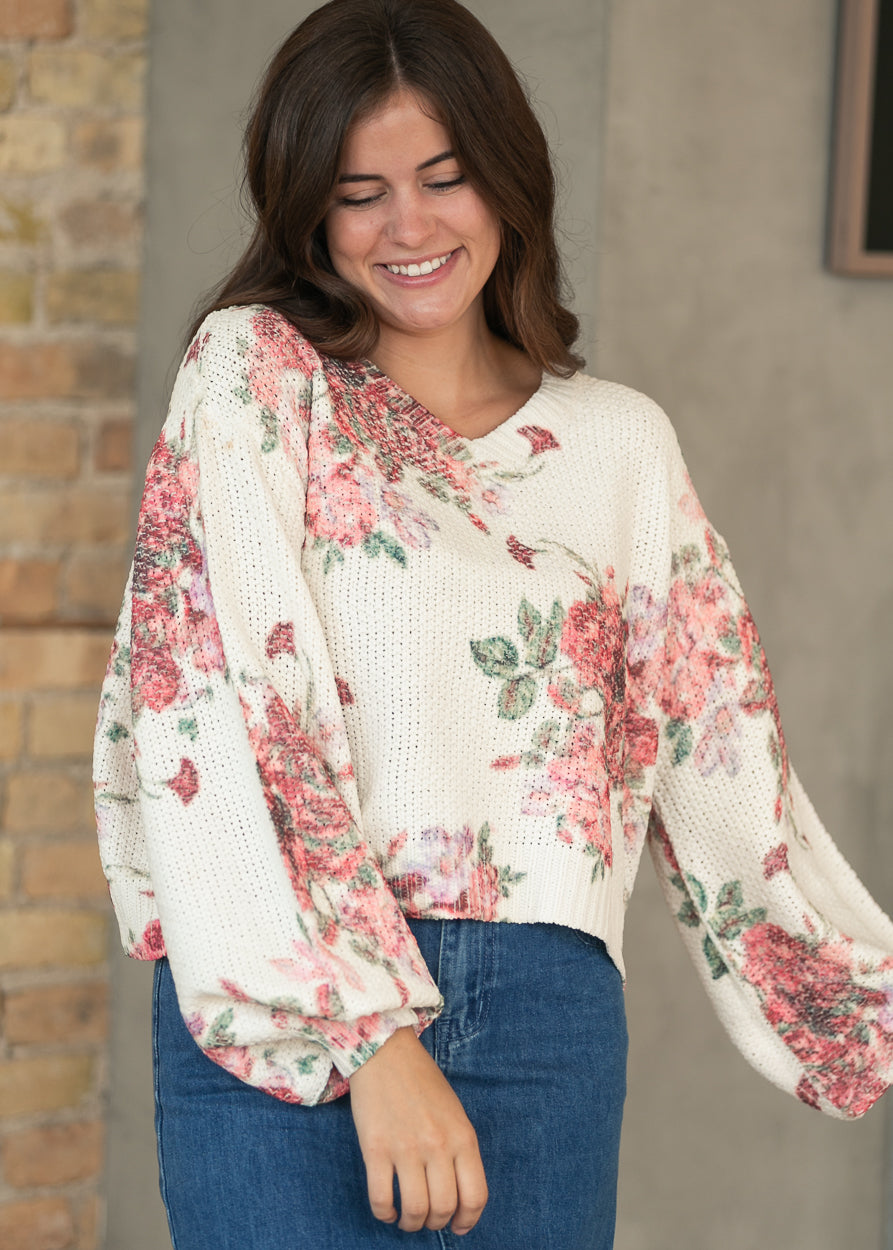 Floral Balloon Sleeve V-Neck Sweater