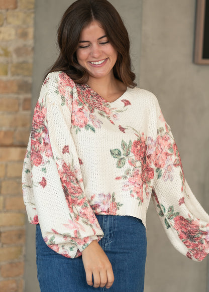 Floral Balloon Sleeve V-Neck Sweater