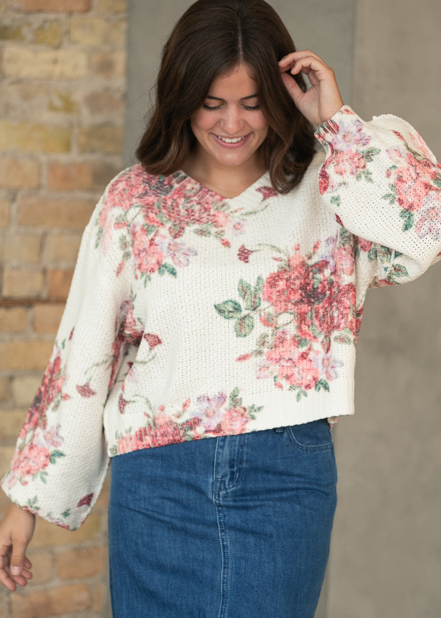 Floral Balloon Sleeve V-Neck Sweater