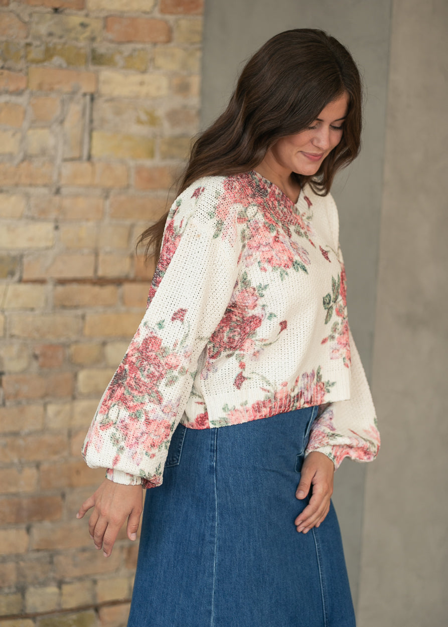Floral Balloon Sleeve V-Neck Sweater
