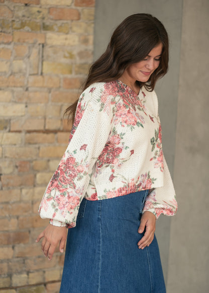 Floral Balloon Sleeve V-Neck Sweater