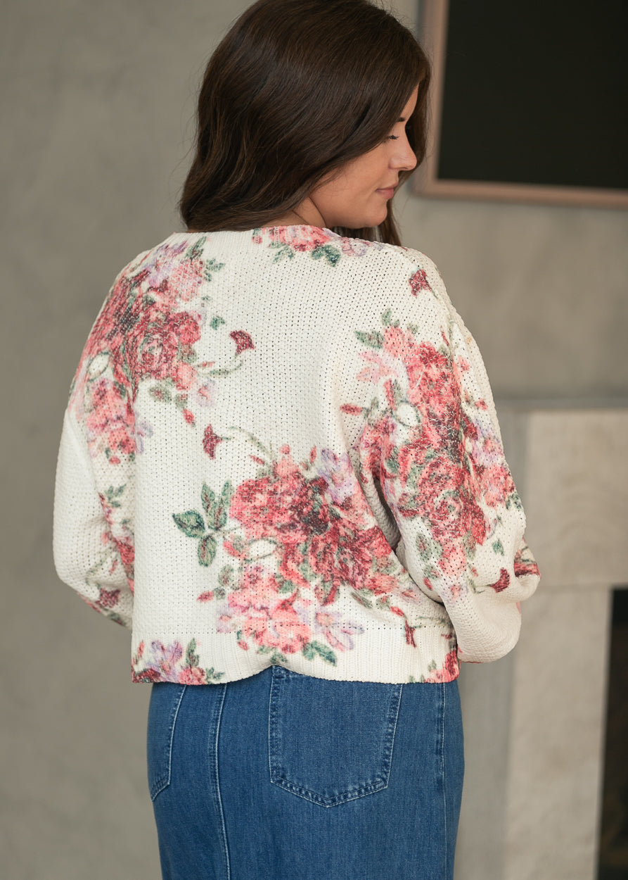 Floral Balloon Sleeve V-Neck Sweater