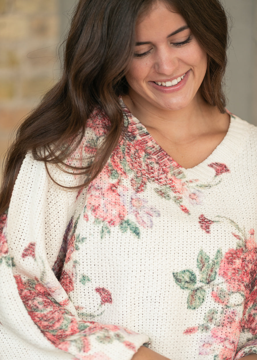 Floral Balloon Sleeve V-Neck Sweater