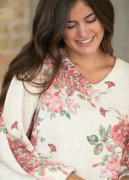 Floral Balloon Sleeve V-Neck Sweater