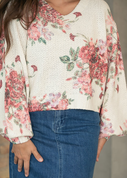 Floral Balloon Sleeve V-Neck Sweater