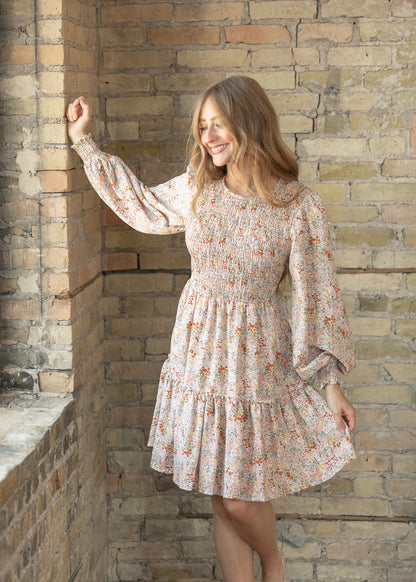 Floral Long Sleeve Smocked Midi Dress