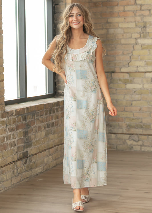Floral Ruffle Neck Maxi Dress