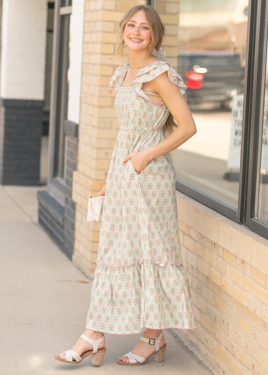 Floral Ruffle Sleeve Maxi Dress