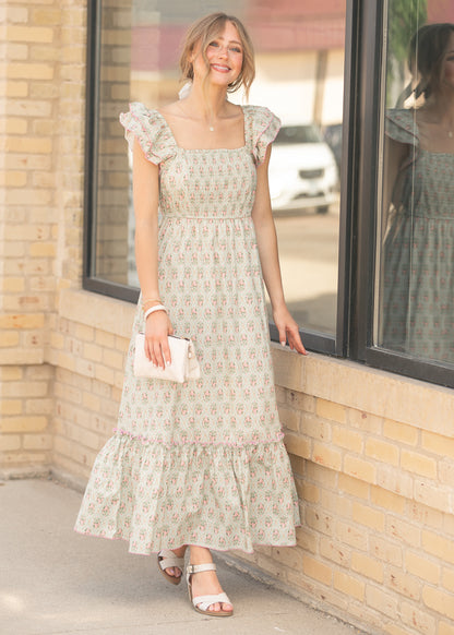 Floral ruffle sleeve maxi dress with smocked bodice