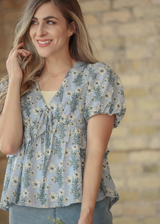 Floral V-Neck Puff Sleeve Top