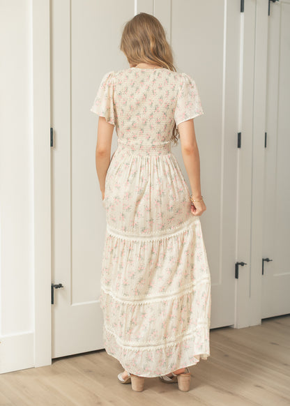 Floral maxi dress styled for spring and summer occasions