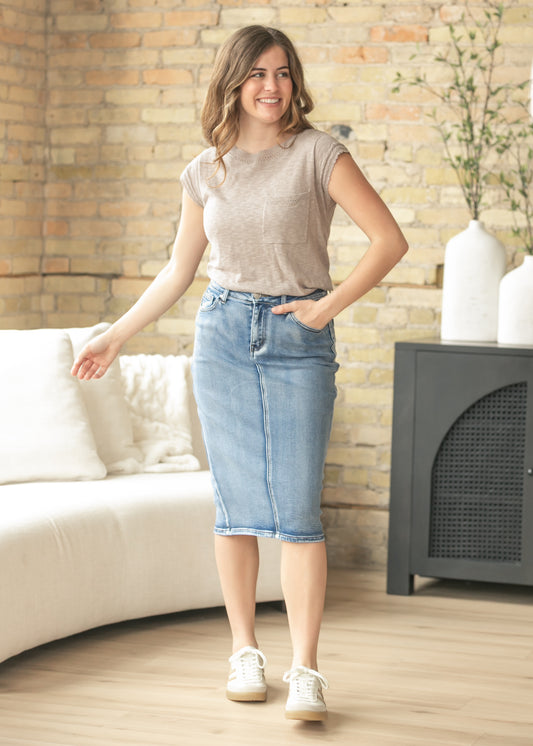 Frankie Medium Wash Denim Midi Skirt