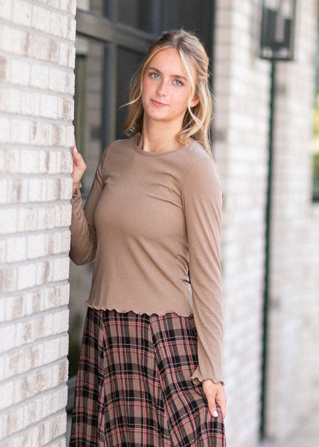 Long Sleeve Brown Larza Lettuce Hem Top