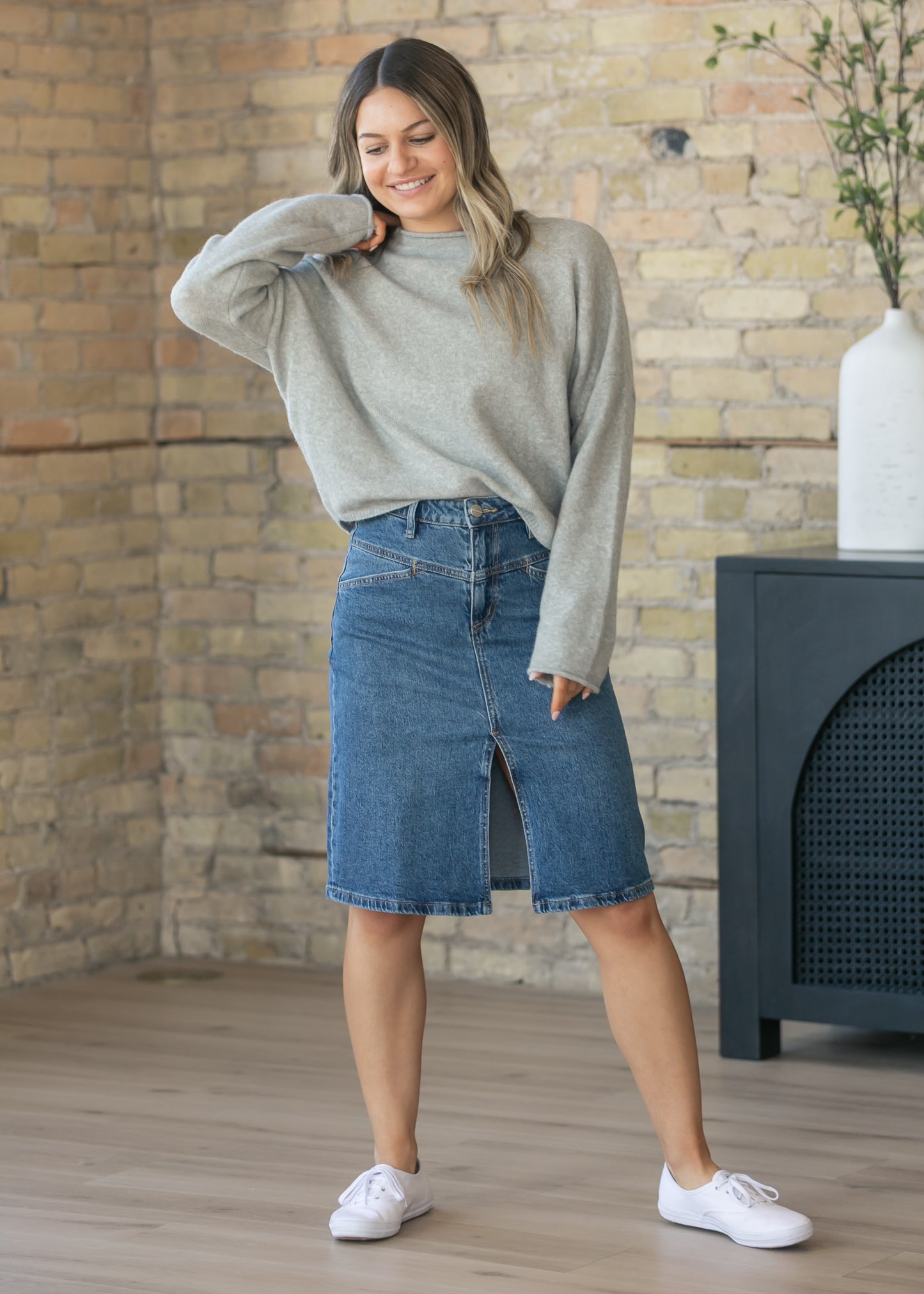 Front Yoke High-Rise Denim Midi Skirt