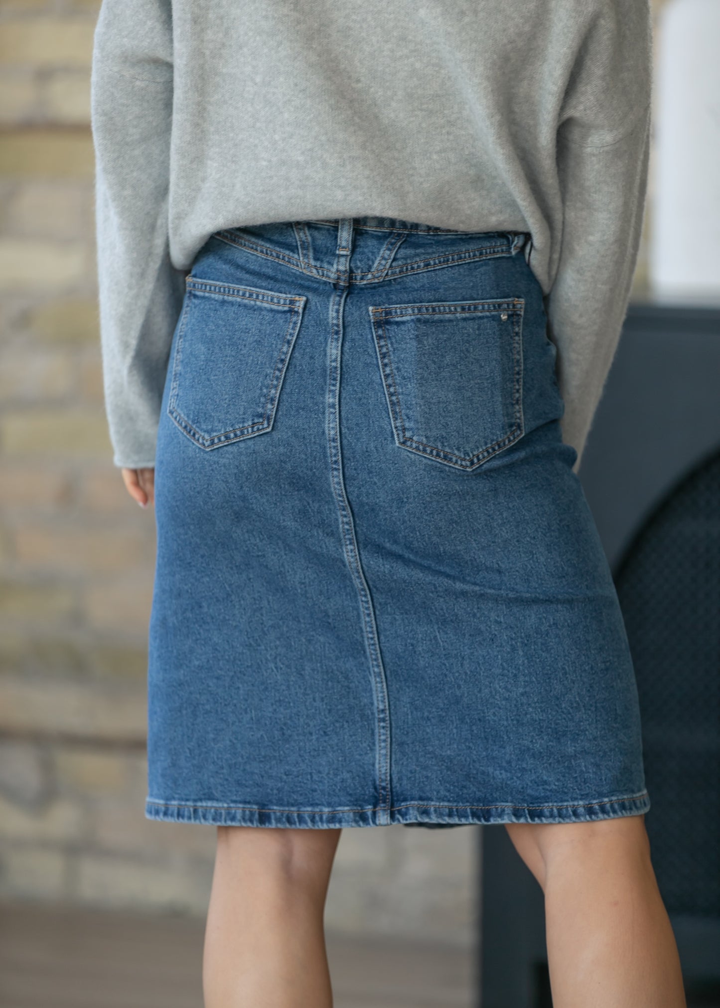 Front Yoke High-Rise Denim Midi Skirt