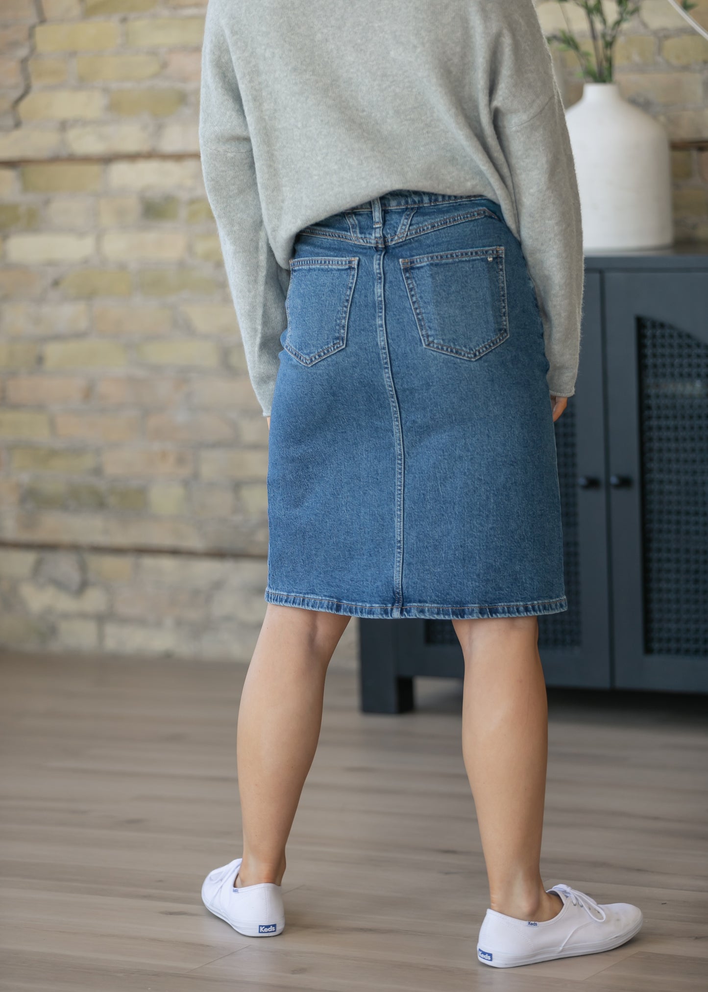 Front Yoke High-Rise Denim Midi Skirt