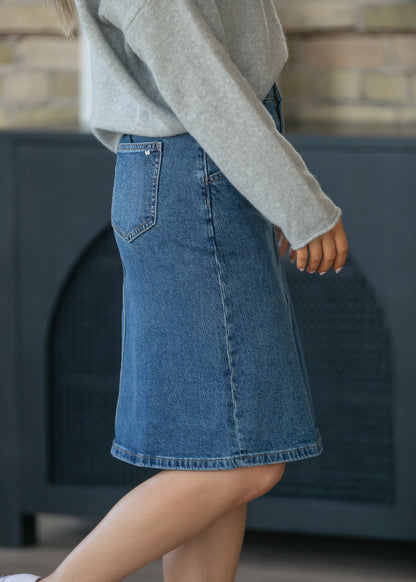 Front Yoke High-Rise Denim Midi Skirt