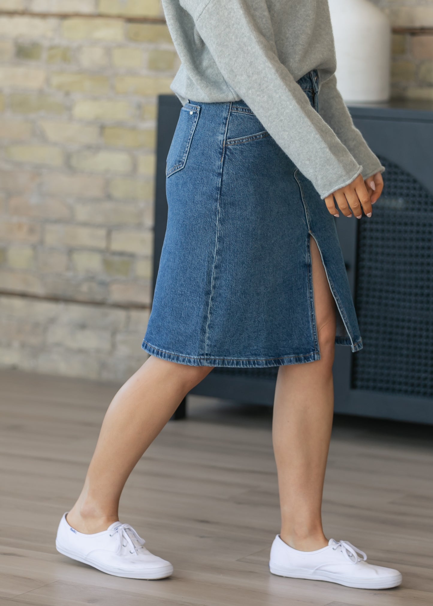 Front Yoke High-Rise Denim Midi Skirt
