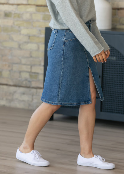 Front Yoke High-Rise Denim Midi Skirt