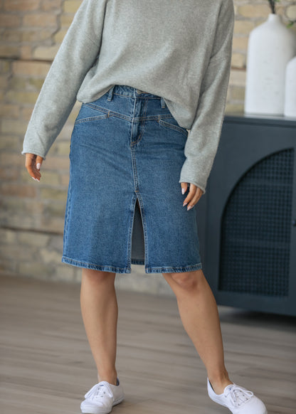Front Yoke High-Rise Denim Midi Skirt