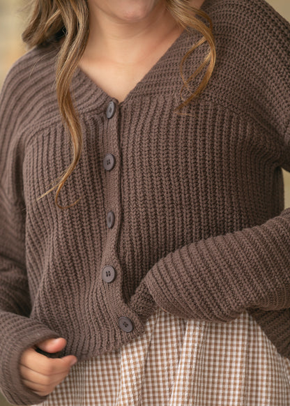 Close-up of the espresso cardigan buttons and ribbed knit texture at the front.