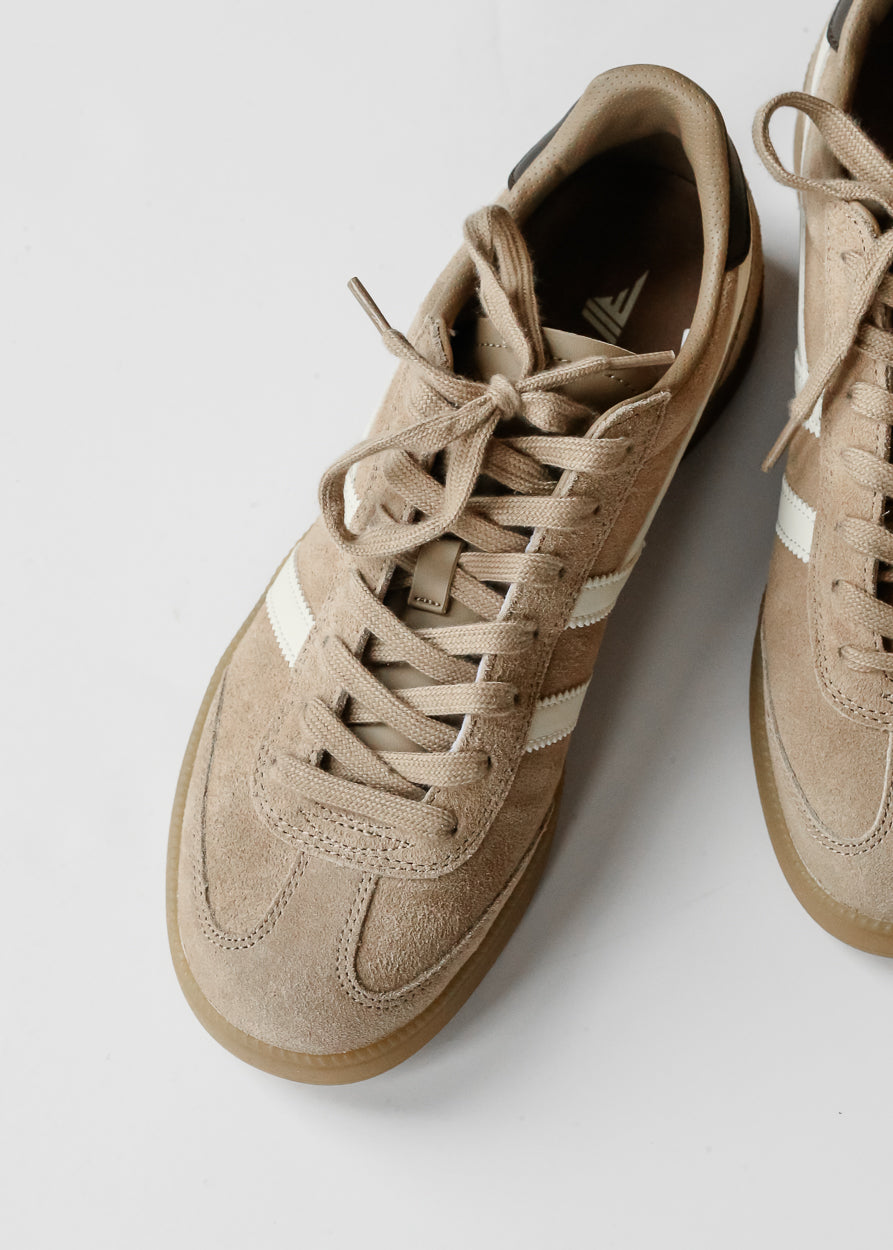 Close-up of cappuccino Gola Viper sneaker showing tonal laces, leather upper, and stitched toe detailing.