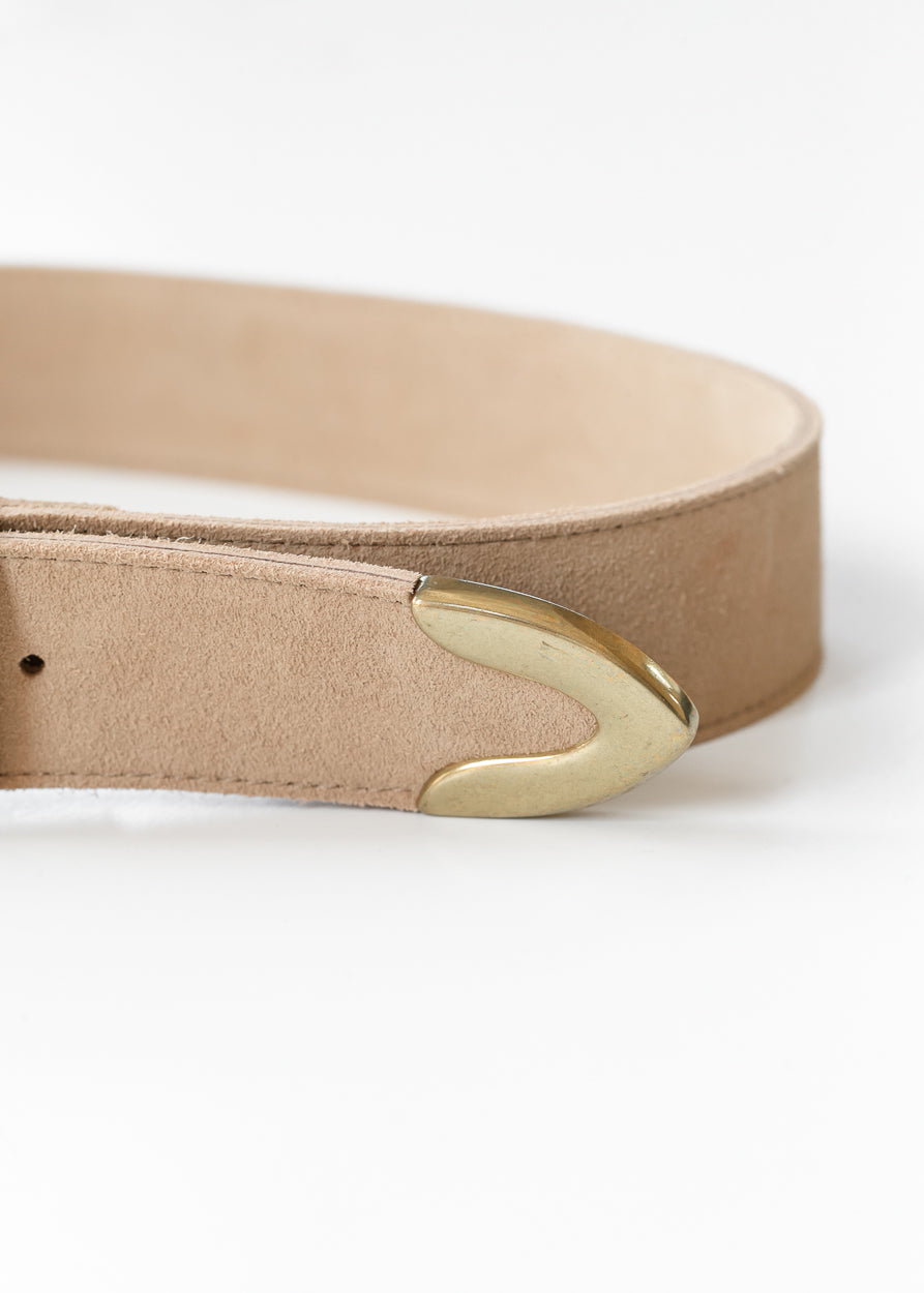 Soft suede belt with brushed gold curved buckle
