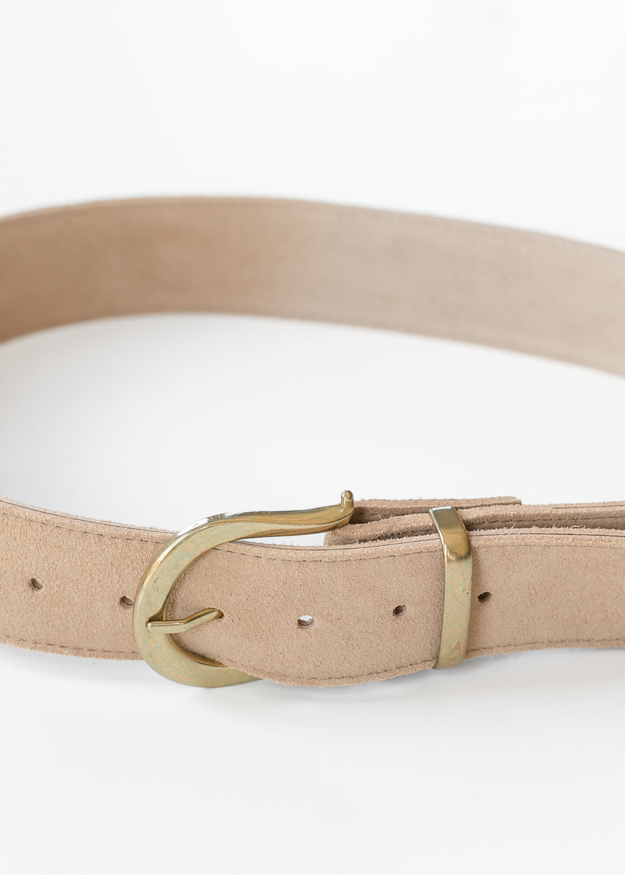 Neutral suede fashion belt featuring gold hardware