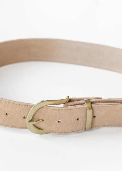 Neutral suede fashion belt featuring gold hardware