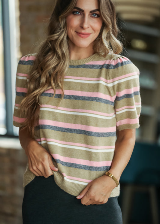 Pale grass striped puff sleeve sweater with pink, cream, and charcoal stripes