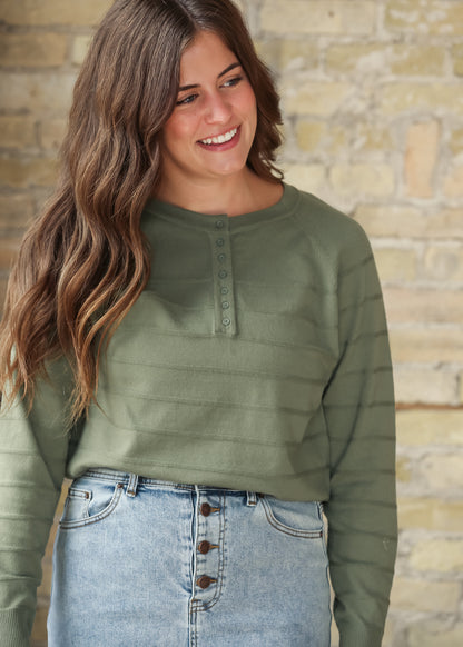 Half Button Striped Raglan Top FF Tops