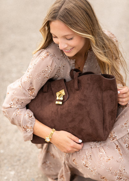 Harper Lock Detail Suede Tote Bag