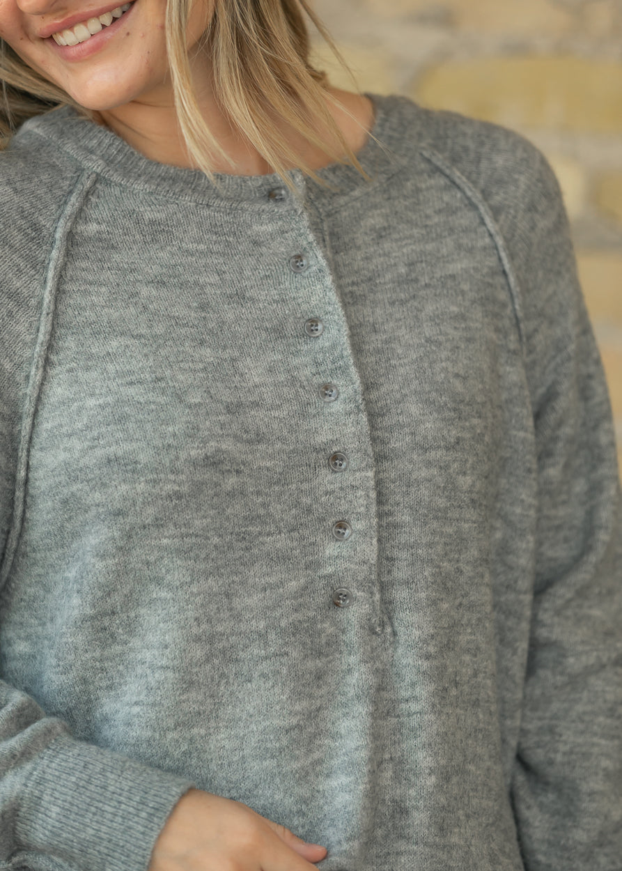 Heather Gray Henley Soft Knit Sweater