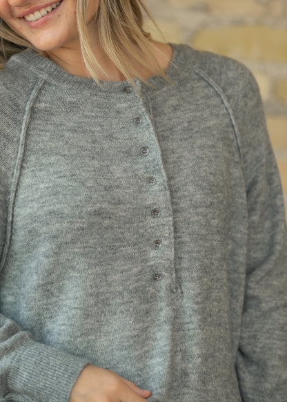 Heather Gray Henley Soft Knit Sweater