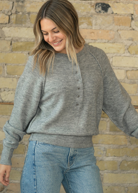 Heather Gray Henley Soft Knit Sweater