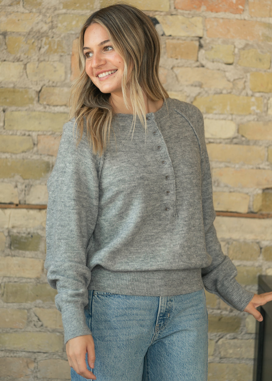 Heather Gray Henley Soft Knit Sweater
