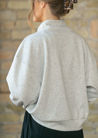 Back of the heather gray quarter zip sweatshirt showing the dropped shoulder seams and collar.