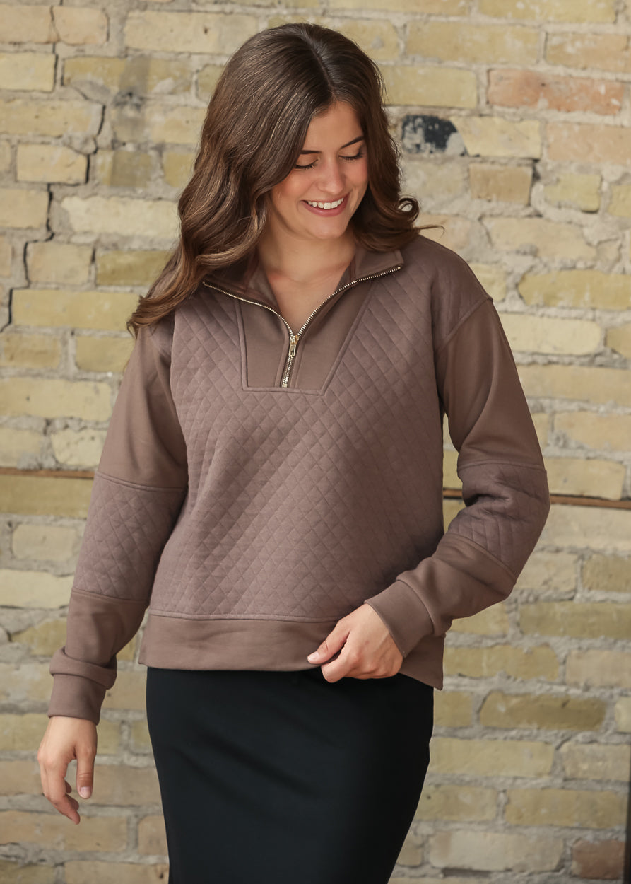 High Neck Quilted Half Zip Pullover Sweatshirt FF Tops