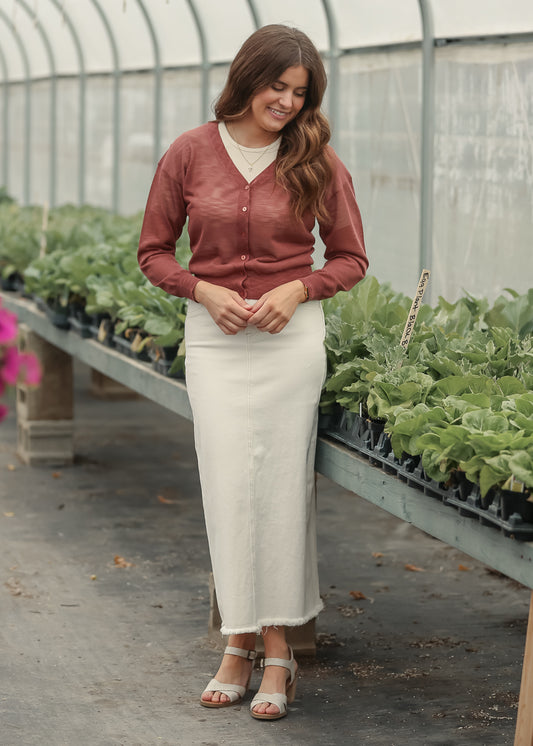 High Rise Denim Maxi Skirt