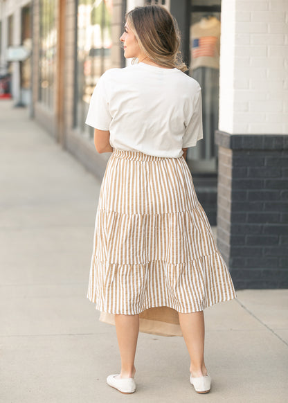Cream and taupe gauze skirt with soft gathered detailing and midi length