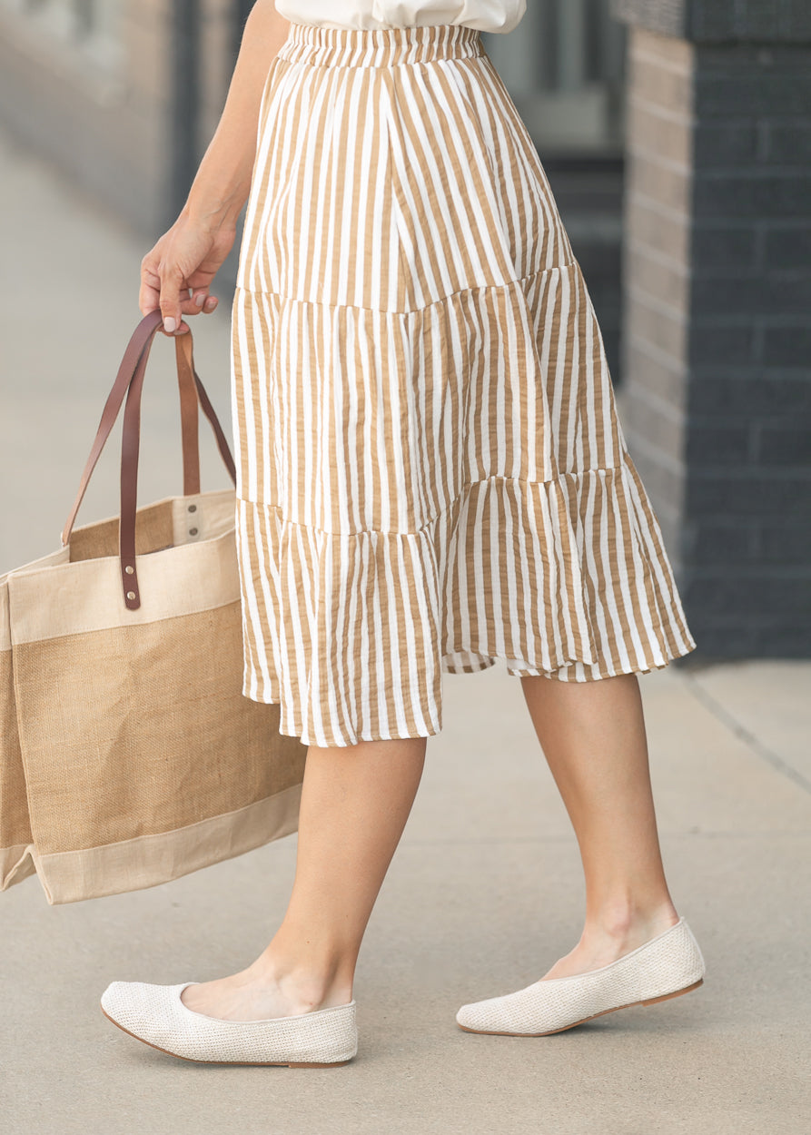 Flowy gauze midi skirt in cream and taupe vertical stripes
