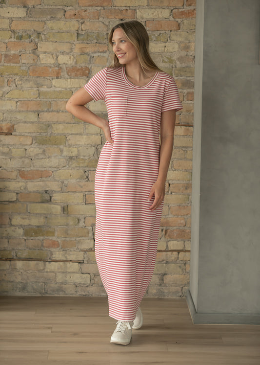 Jane Coral Stripe T-shirt Maxi Dress
