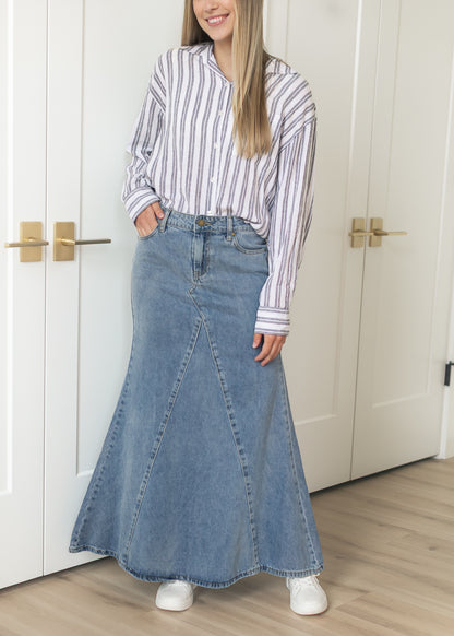 Jennifer Medium Wash A-Line Long Denim Skirt