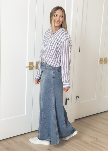 Jennifer Medium Wash A-Line Long Denim Skirt