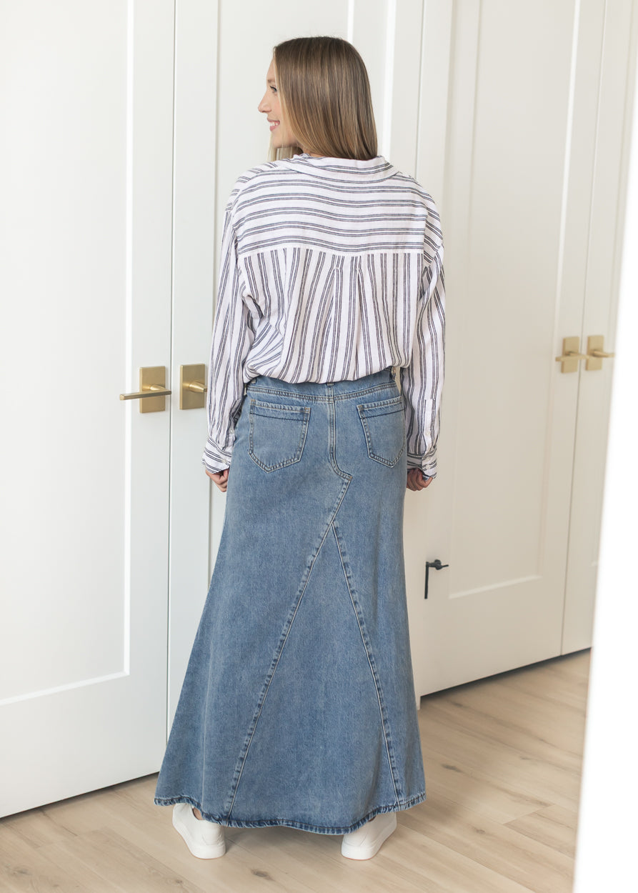 Jennifer Medium Wash A-Line Long Denim Skirt