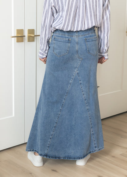 Jennifer Medium Wash A-Line Long Denim Skirt
