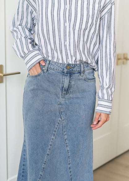 Jennifer Medium Wash A-Line Long Denim Skirt
