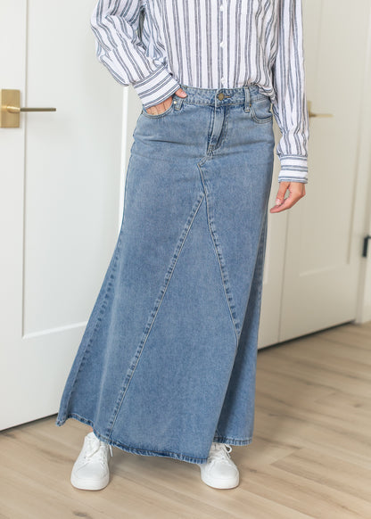 Jennifer Medium Wash A-Line Long Denim Skirt