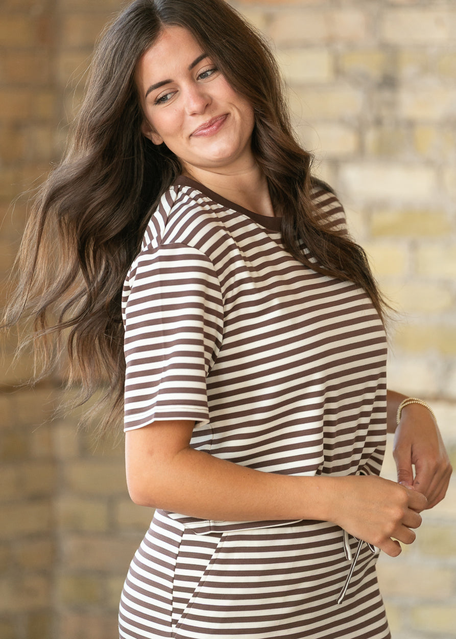 Chocolate stripe boxy tee with short sleeves and crew neckline, styled with matching Jordan skirt.