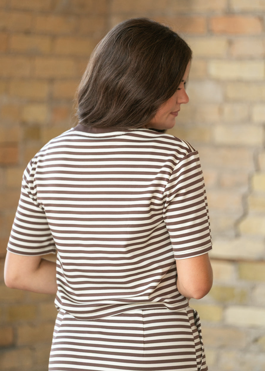 Back of chocolate stripe boxy tee showing the relaxed fit and straight hem.